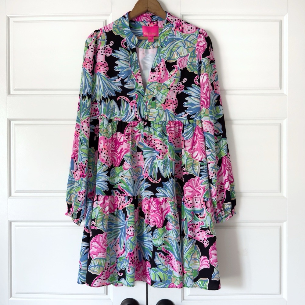 Lilly Pulitzer Winona Stretch Dress S Onyx Jaguar Jungle Floral Mini Tropical